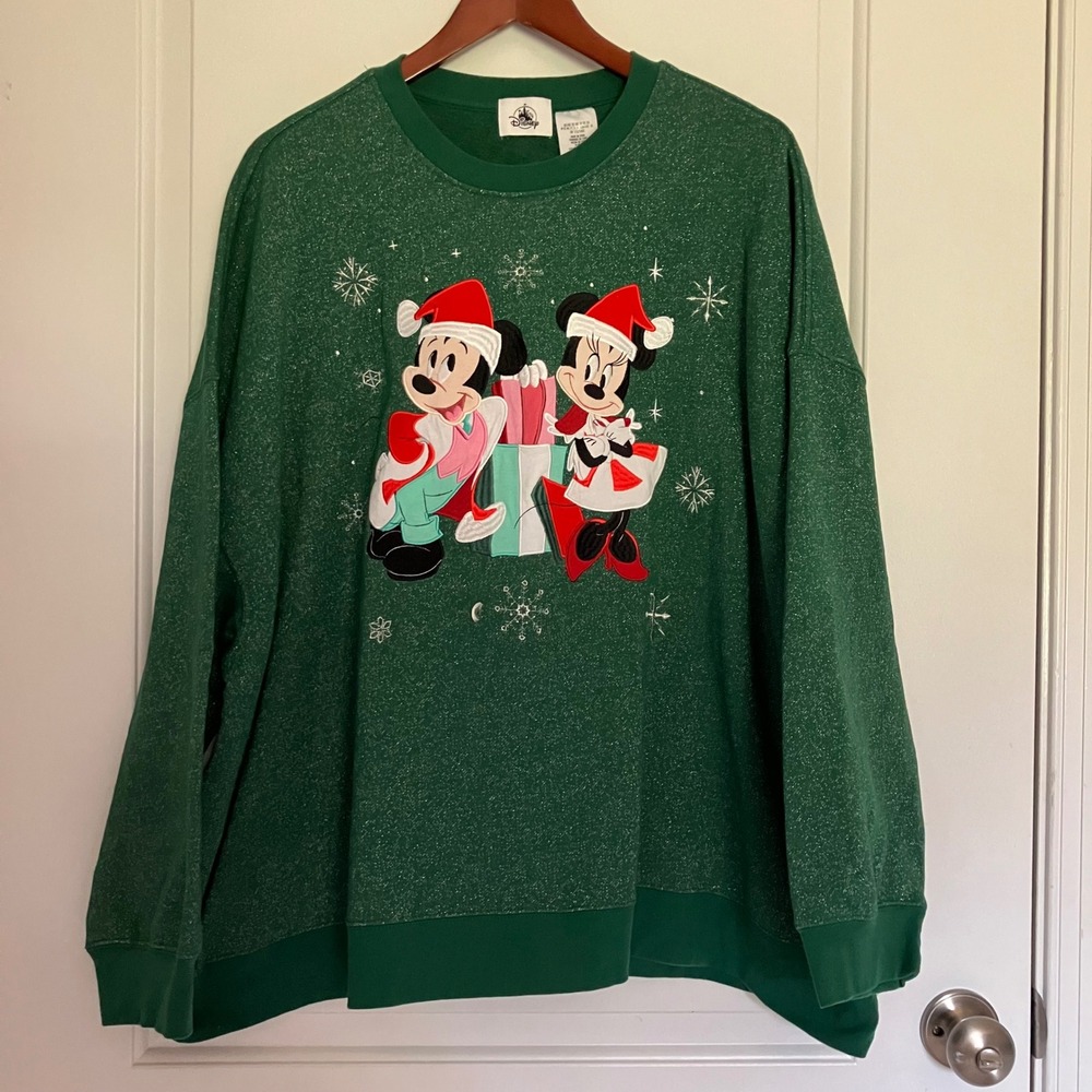Disney Parks Mickey Minnie Christmas Holiday Sweatshirt Green Glitter 3X EUC